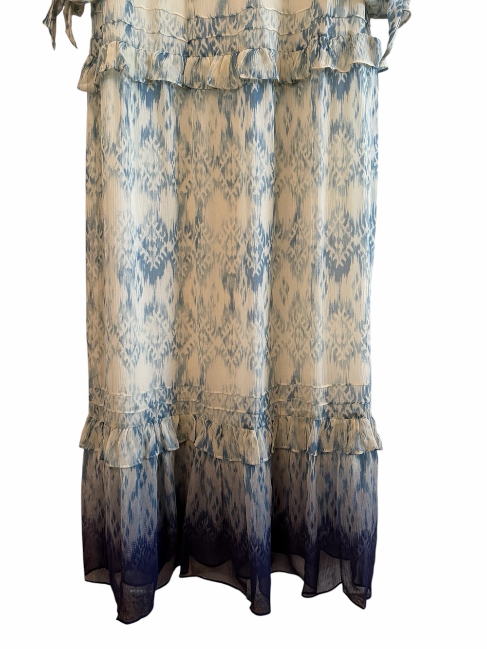 Sundance Maxi Dress Sz 6 Blue Ivory Silk Ikat Ruffled Tiered Drop Waist Size Zip - Picture 7 of 9
